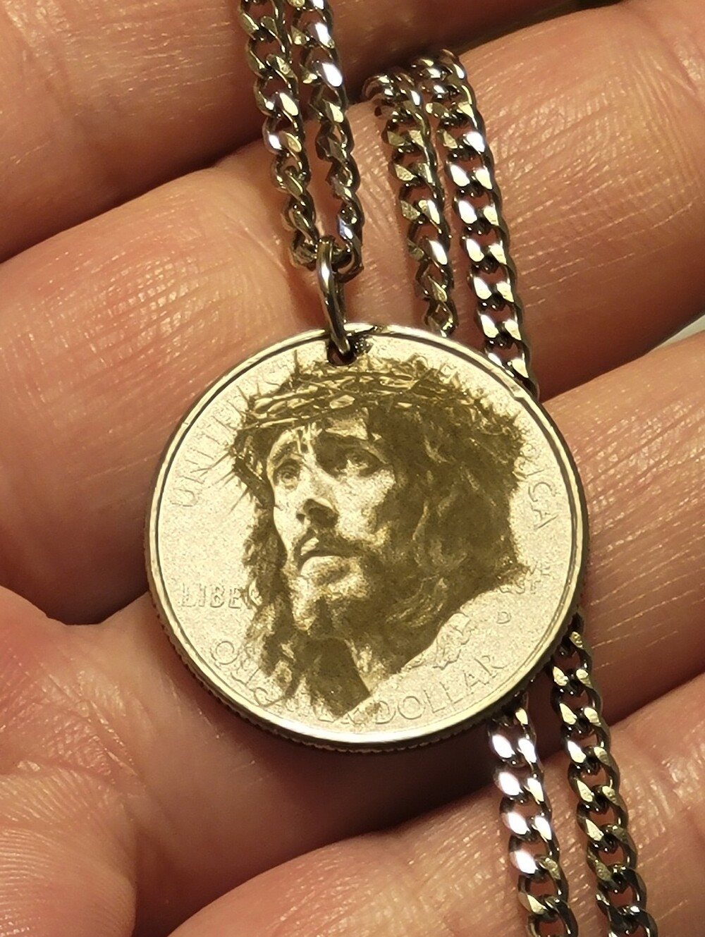 Jesus Engraved Coin Pendant Necklace 24" 3mm Curb Chain